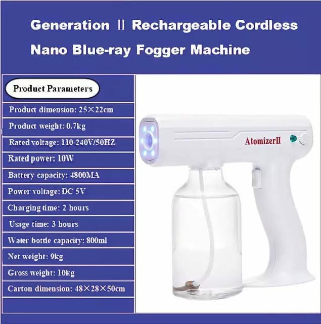 ATOMIZER 800ML Portable Electric Sanitizer Sprayer Blue Light Rechargeable Nano Steam Water Spray Gun