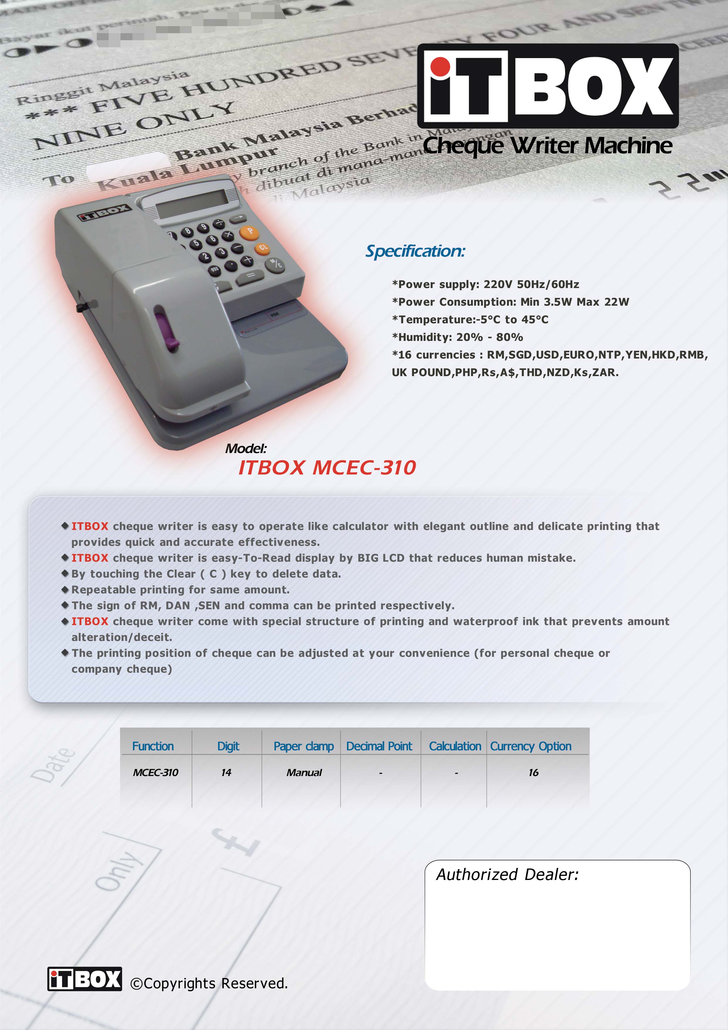 iTBOX Chequewriter Machine MCEC310 Aston